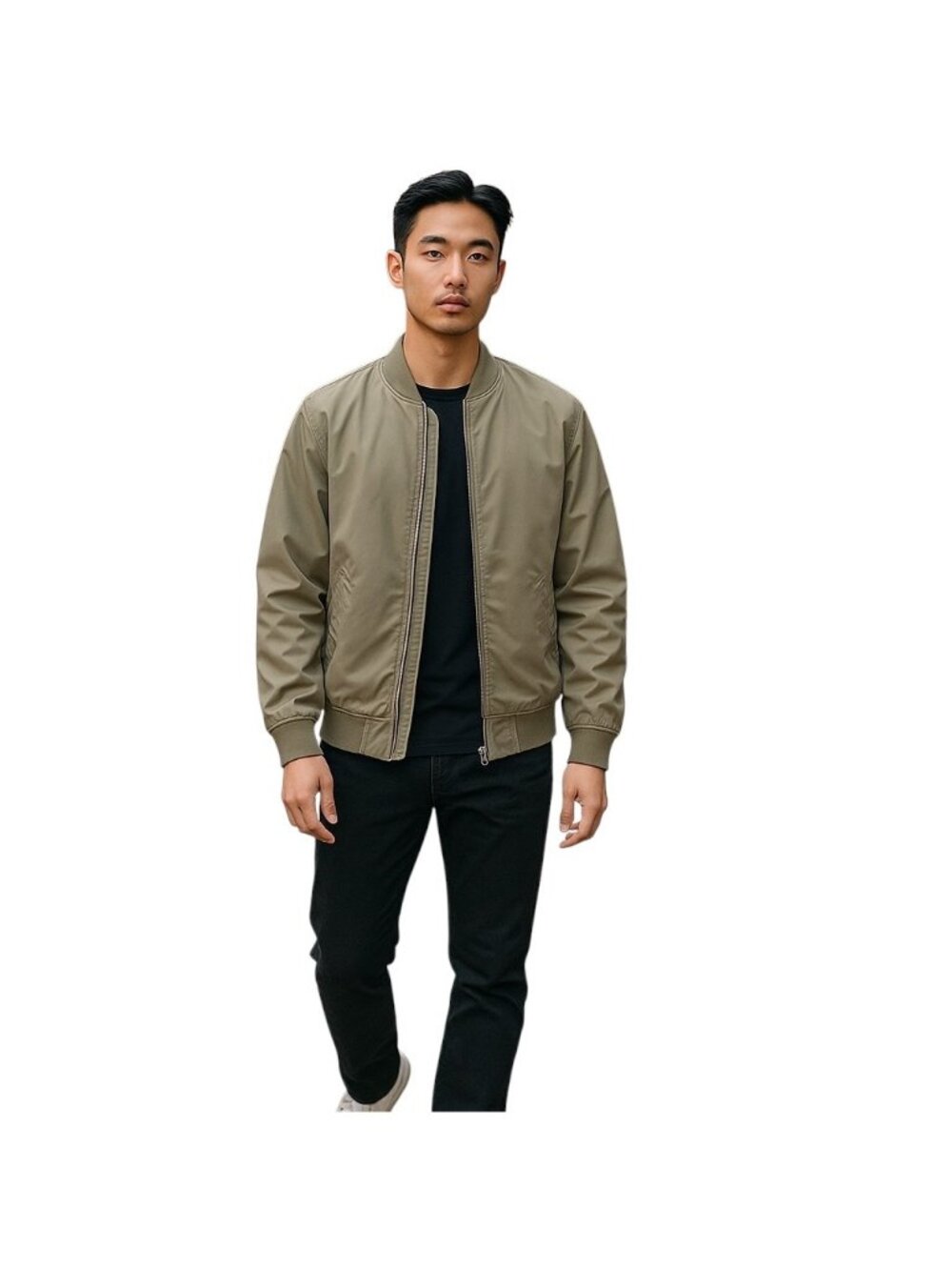 H&M Mens Bomber Jacket Beige Size L Minimalist Spring Preppy Classic Lightweight